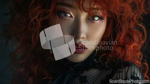 Image of Teen Chinese Woman with Red Curly Hair Goth style Illustration.