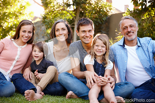 Image of Big family, happiness and portrait in garden for love or bonding, care and memories together. Generations, backyard and relax in summer for relationship growth or connection with unity and affection.