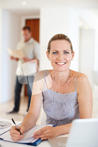 Image of Business woman, documents and portrait for financial, planning and accounting in office or startup. Accountant or happy worker with bookkeeping, spreadsheet and computer for budget, report and taxes