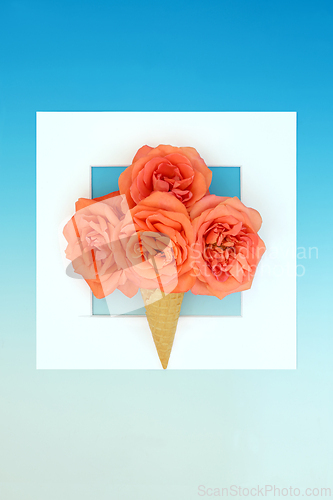 Image of Surreal Background Frame with Rose Flower Ice Cream Cone