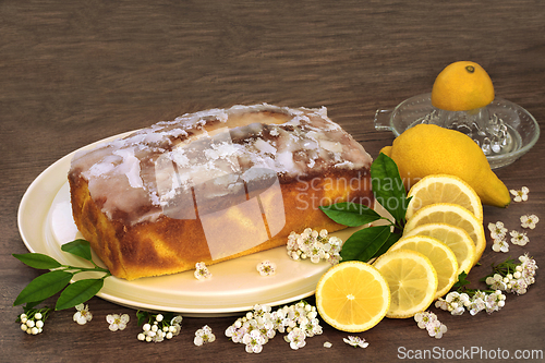 Image of Lemon Drizzle Cake with Fruit and Spring Blossom Flowers