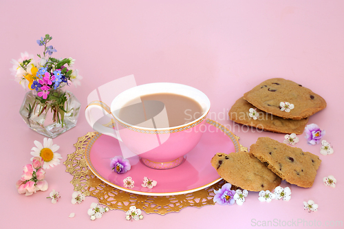 Image of Afternoon Tea For One with Cookies and Flowers 