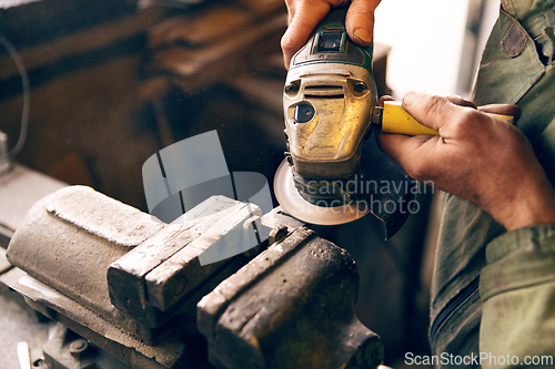 Image of Close-up of hands using an angle grinder