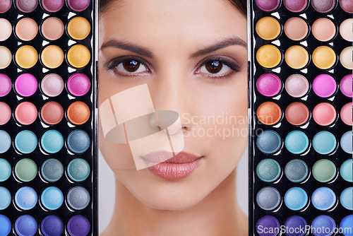 Image of Woman, eyeshadow and color in collage, makeup and beauty for dermatology, skin and fashion. Female person, face and cosmetics in studio, cosmetology and products for glow, femininity and wellness