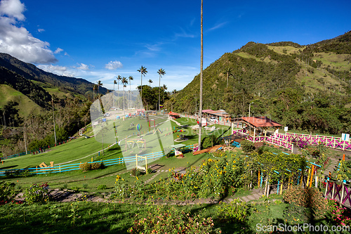 Image of Entertainment center in Valle del Cocora Valley with tall wax palm trees. Salento, Quindio department. Colombia