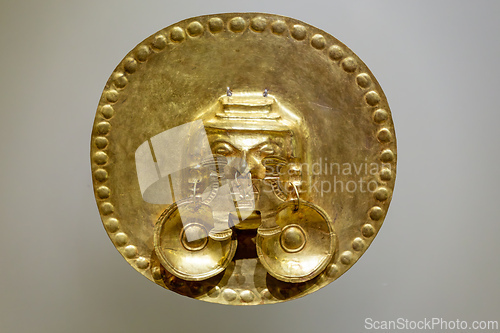 Image of Pre-Columbian gold artifact in the Museo del Oro. Famous Gold Museum, Bogota, Colombia.