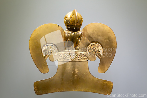 Image of Pre-Columbian gold artifact in the Museo del Oro. Famous Gold Museum, Bogota, Colombia.