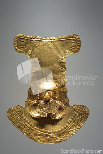 Image of Pre-Columbian gold artifact in the Museo del Oro. Famous Gold Museum, Bogota, Colombia.