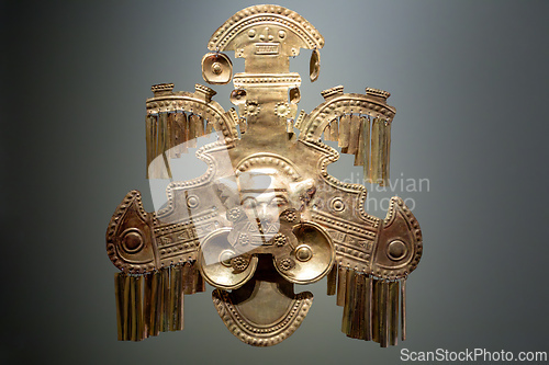Image of Pre-Columbian gold artifact in the Museo del Oro. Famous Gold Museum, Bogota, Colombia.