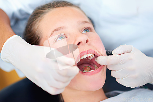 Image of Girl, kid and mirror for inspection at dentist for healthcare with dental tool, consultation and checkup for oral health. Expert, child and glove hand for teeth cleaning, gingivitis and medical care