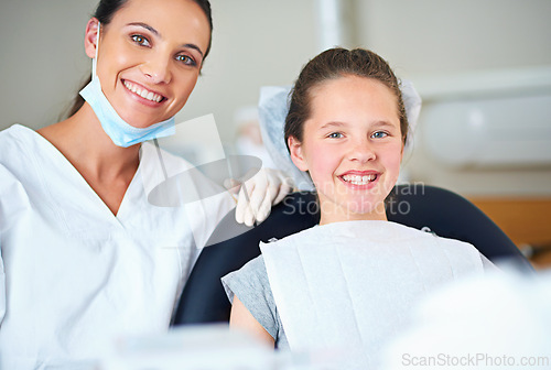 Image of Portrait of dentist and child for consulting, dental service and teeth whitening for wellness in clinic. Healthcare, dentistry and happy woman and girl hygiene, oral care and medical consultation