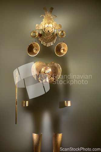 Image of Pre-Columbian gold artifact in the Museo del Oro. Famous Gold Museum, Bogota, Colombia.