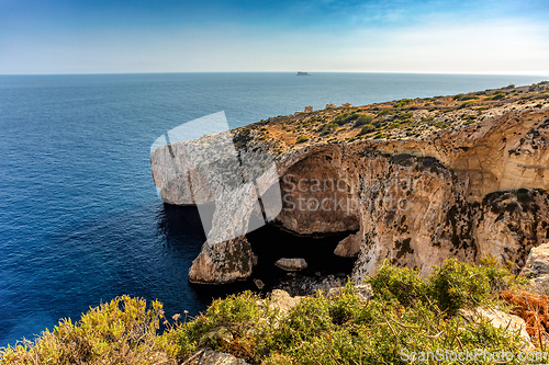 Image of The Blue Grotto caverns, rock formation on the Mediterranean sea. Malta