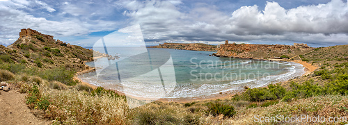 Image of Golden Bay and beach (Ghajn Tuffieha) with turquoise, azure sea. Malta