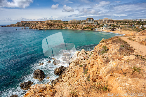 Image of Golden Bay and beach (Ghajn Tuffieha) with turquoise, azure sea. Malta