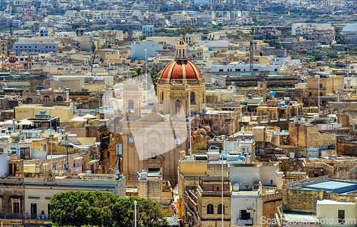 Image of Panorama with St George's Basilica from vintage Citadel in Victoria, Gozo Malta