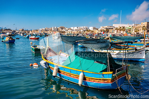 Image of Traditional eyed colorful boats Maltese Luzzu, Marsaxlokk, Malta