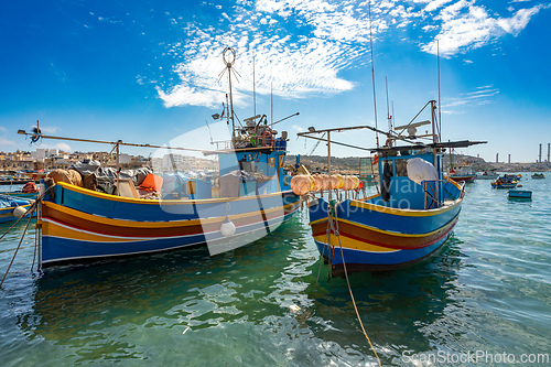 Image of Traditional eyed colorful boats Maltese Luzzu, Marsaxlokk, Malta