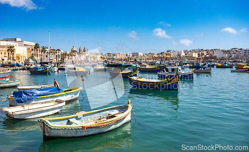 Image of Traditional eyed colorful boats Maltese Luzzu, Marsaxlokk, Malta