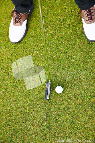 Image of Feet, club and golf sports on field, training and practice for competition or tournament. Closeup, shoes and grass for outdoor challenge and exercise, top view and athlete for international contest