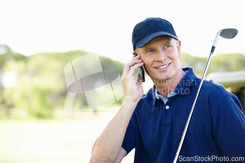 Image of Man, phone call and talking on golf or field, communication and planning for training. Happy male person, speaking and athlete for networking outdoors, golfer and internet connection or app for chat