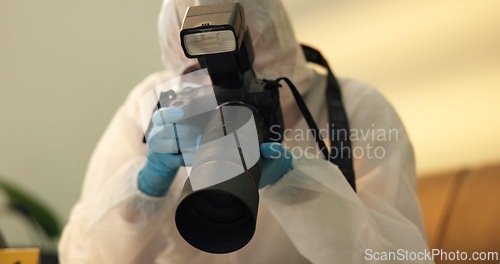 Image of Forensic, photographer and csi at crime scene for investigation of house burglary or murder analysis. Evidence, person and digital pictures in hazmat for observation, examination and case research