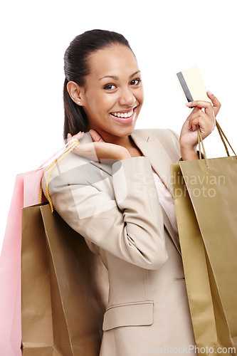 Image of Business woman, shopping bag and credit card in portrait, corporate purchase and payment with sale on white background. Finance, company expense and discount at retail store with customer in studio