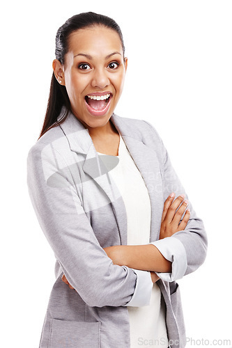 Image of Woman, excited and portrait for career, corporate planning and project management for business on white background. African lady or consultant isolated with cheerful facial expression for company