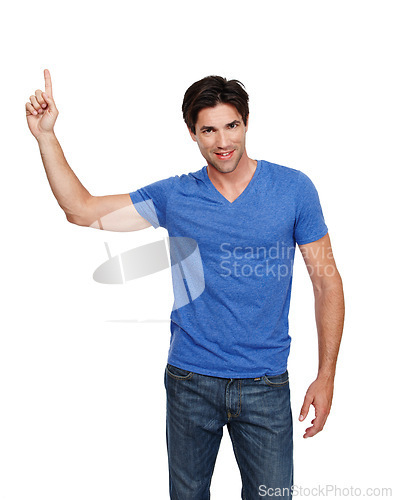 Image of Man, pointing up for advertising and mockup in portrait, information or announcement with news on white background. Marketing, promotion or direction with notice, sign and coming soon in studio