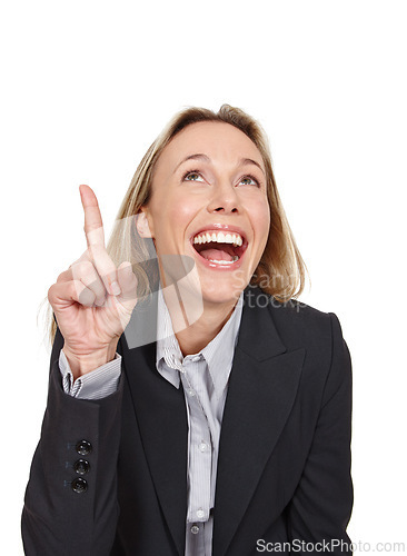 Image of Business woman, pointing and excited for promotion in studio, advertising and info on white background. Happy female person, mockup space and presenting a deal, announcement and direction for offer