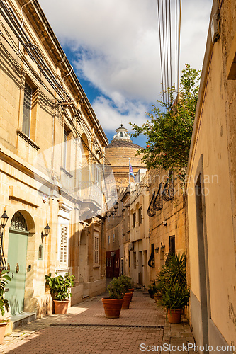 Image of One of the small historic hidden streets in ancient city Mosta. Malta