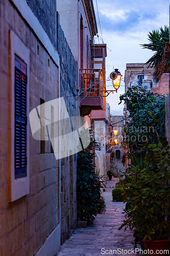 Image of One of the small historic hidden streets in ancient city Vittoriosa - Birgu. Malta