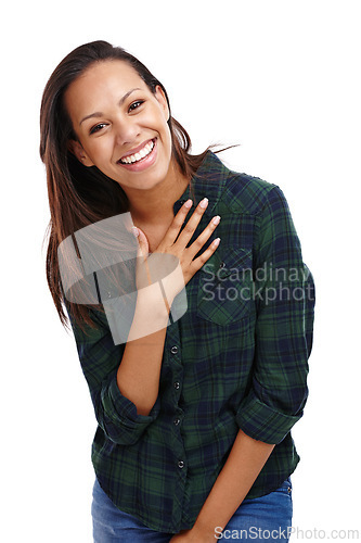 Image of Portrait, woman and fashion with checkered shirt style touching chest for creative marketing appreciation. Happy, person and confident in stylish retro clothes on isolated white studio background