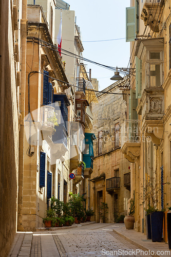 Image of One of the small historic hidden streets in ancient city Vittoriosa - Birgu. Malta
