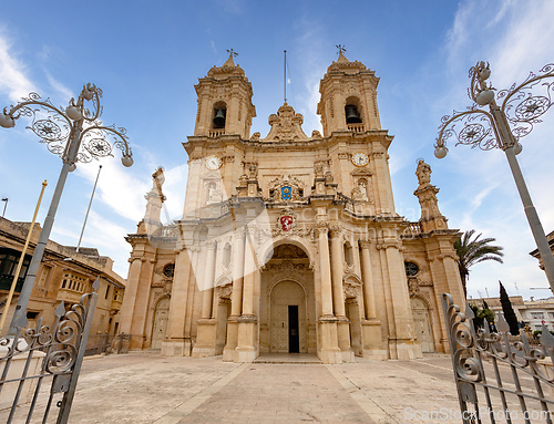 Image of Majestic Zabbar Parish Church in Malta against the blue sky.