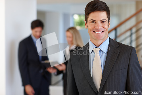 Image of Professional, man and happy portrait of financial advisor in company with confidence for consultation. Corporate, businessman and excited by knowledge on economy and working with clients in office