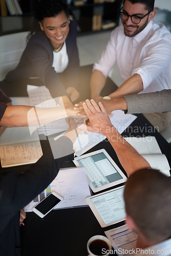 Image of Teamwork, business people and hands together in office for corporate project, trust and motivation in boardroom. Group of employees, collaboration or tech for team building for support or mission