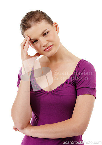 Image of Thinking, stress and woman in studio with headache, worry or frustrated by brain fog crisis on white background. Anxiety, migraine and female model with vertigo, doubt or mistake, fail and disaster