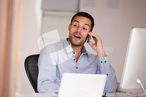 Image of Man, surprise and phone call in office for networking, computer and business deal negotiation. Male person, smile and app for conversation or talking, internet and connection for planning agenda