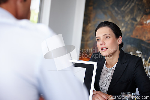 Image of Businesswoman, meeting or job interview in office boardroom with human resources, recruitment or hiring managers. Happy, corporate worker, employee or hr candidate talking with boss or leadership