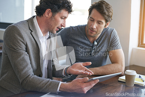 Image of Teamwork, tablet and collaboration at office for meeting with brainstorming, agency and web design. Technology, people and startup employees in workplace for creative company, talking and ux project