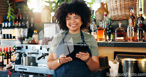 Image of Tablet, restaurant bartender and happy woman typing checklist for alcohol stock, store trade or inventory. Portrait, job experience and manager check online list of drinks for supply chain services