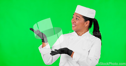 Image of Green screen, woman face and chef hand pointing to checklist, menu and offer on mockup background. Bakery, portrait and asian female baker with checklist, promo and coming soon, info or launch deal