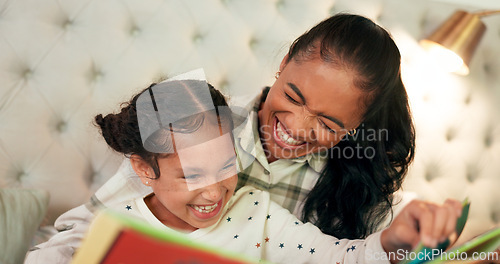 Image of Reading, mother and daughter in bedroom with book, teaching and happy learning time in family home. Knowledge, fantasy and storytelling, mom and child relax on bed together with love, care and story.