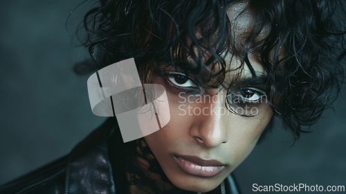 Image of Teen Indian Man with Brown Curly Hair Goth style Illustration.