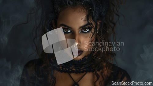 Image of Teen Indian Woman with Brown Curly Hair Goth style Illustration.