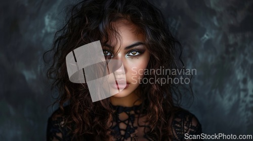 Image of Teen Indian Woman with Brown Curly Hair Goth style Illustration.