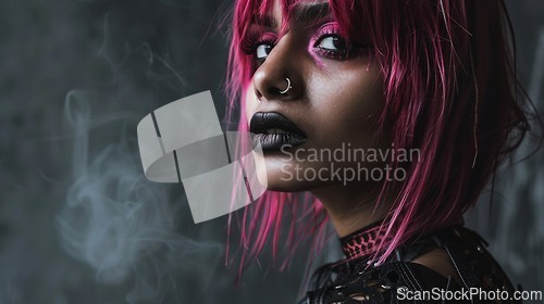 Image of Teen Indian Woman with Pink Straight Hair Goth style Illustration.