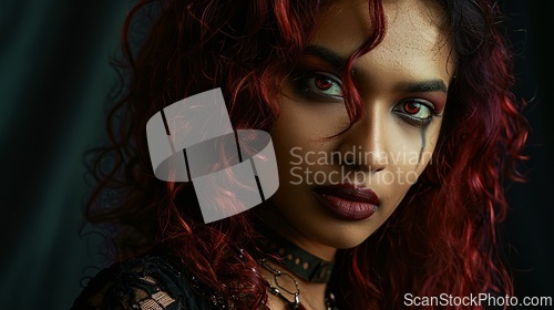 Image of Teen Indian Woman with Red Curly Hair Goth style Illustration.