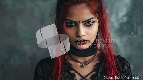 Image of Teen Indian Woman with Red Straight Hair Goth style Illustration.